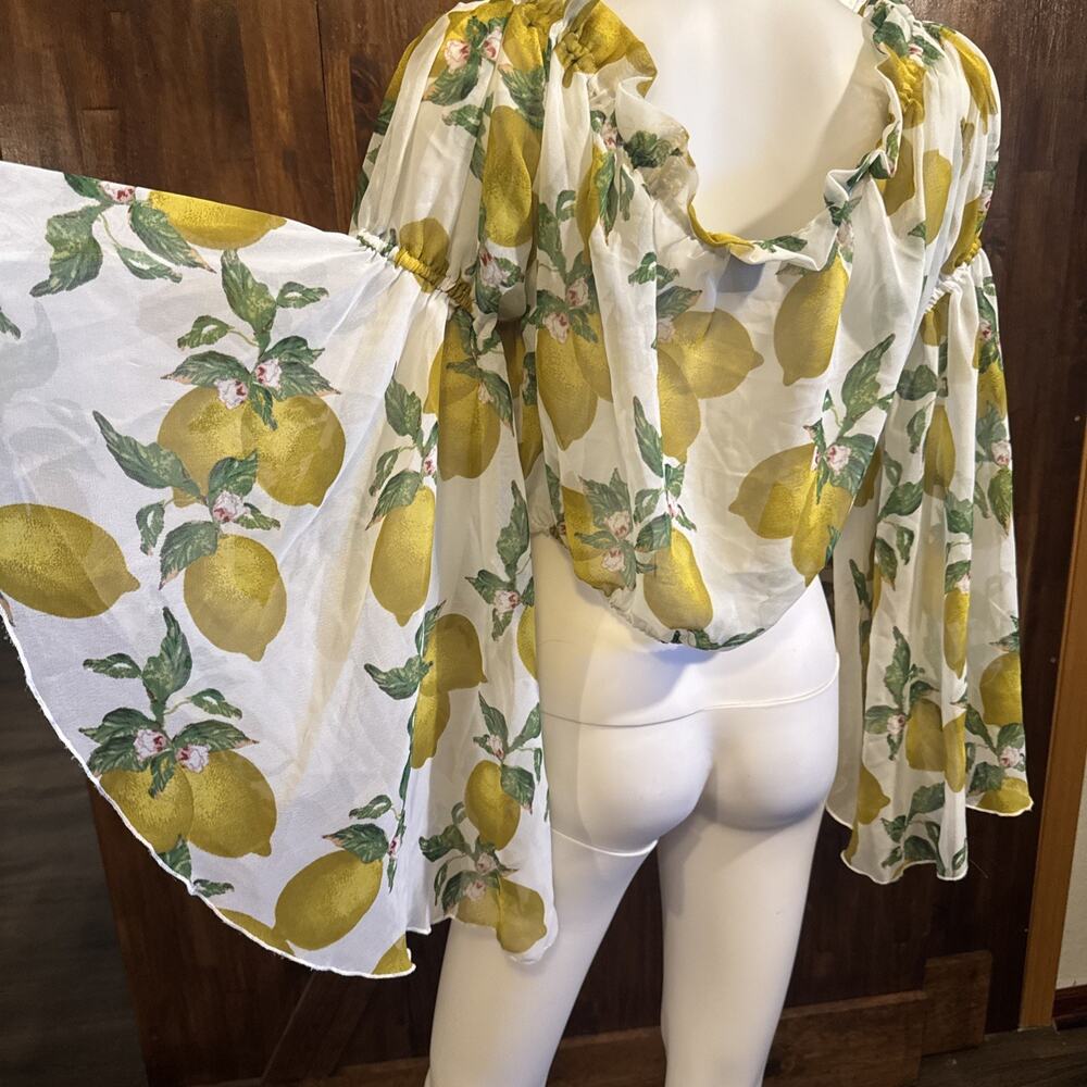 Ashley Stewart Sheer Lemon Print Off Shoulder Blouse Top 14/16 Plus Flowy Sleeve - Picture 8 of 10